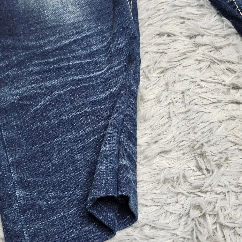 True Luck Mens‎ Jeans 36x29 Hemmed Dark Wash Straight Fit Denim Thick Stitch